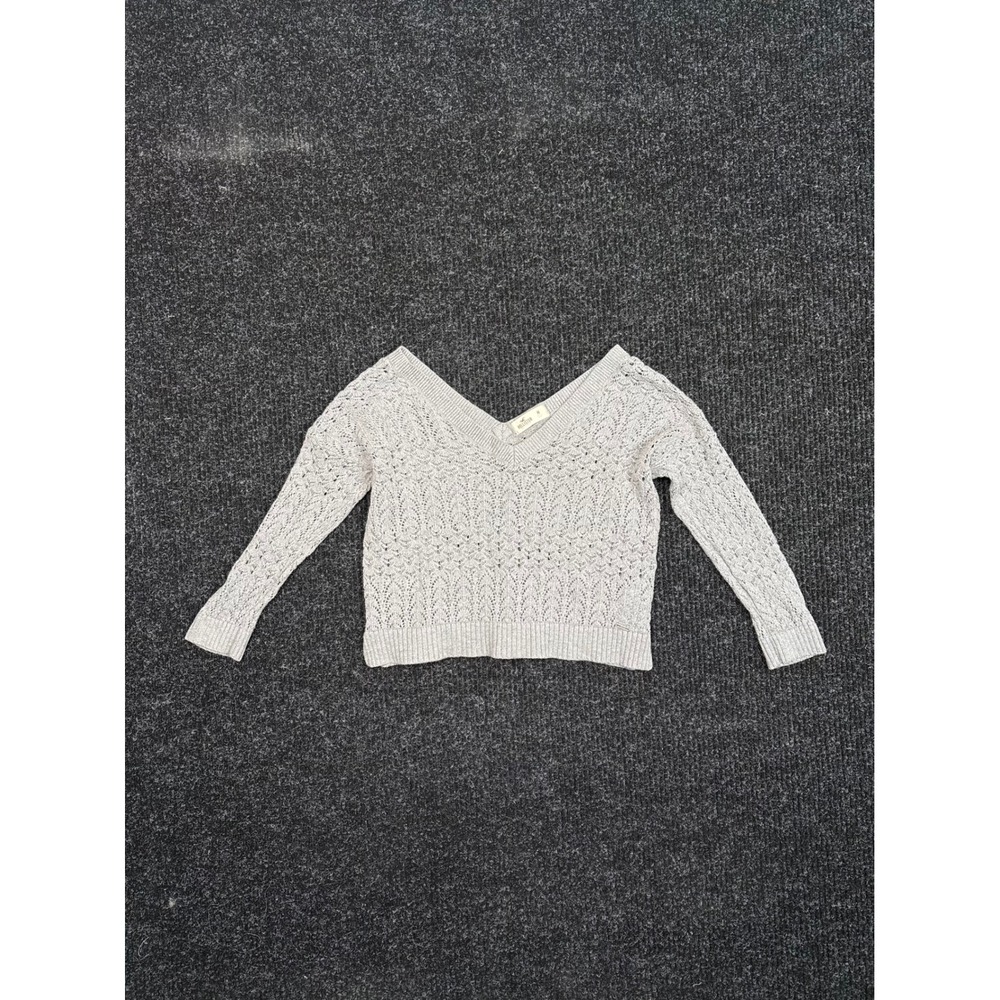 Hollister Womens Grey Pointelle Knit V-Neck Cropped Sweater Size M